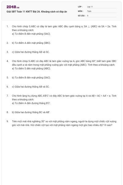 Giải SBT Toán 11 KNTT Bài 26. Khoảng cách có đáp án