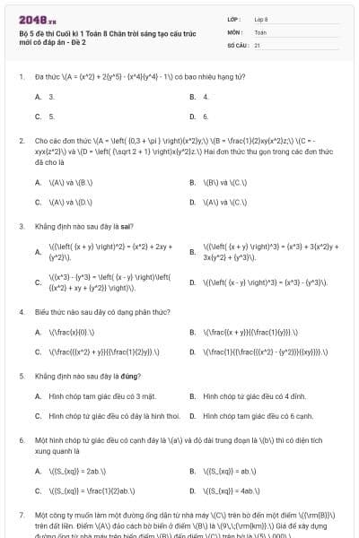 Bộ 5 đề thi Cuối kì 1 Toán 8 Chân trời sáng tạo cấu trúc mới có đáp án - Đề 2