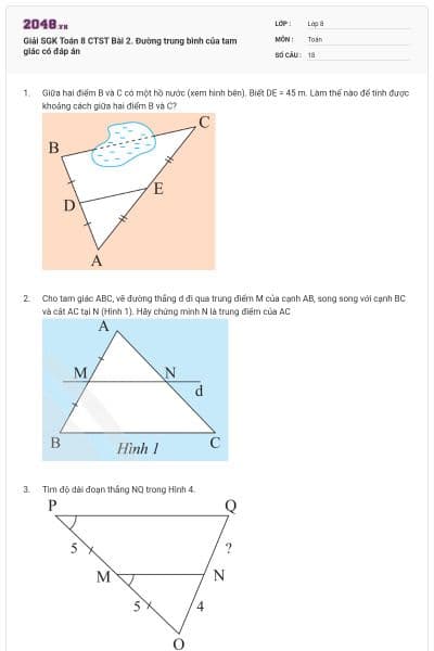 Giải SGK Toán 8 CTST Bài 2. Đường trung bình của tam giác có đáp án