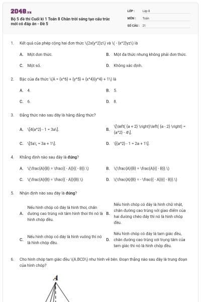Bộ 5 đề thi Cuối kì 1 Toán 8 Chân trời sáng tạo cấu trúc mới có đáp án - Đề 5