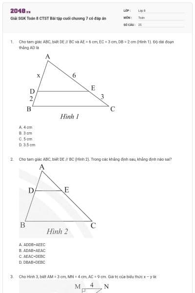 Giải SGK Toán 8 CTST Bài tập cuối chương 7 có đáp án
