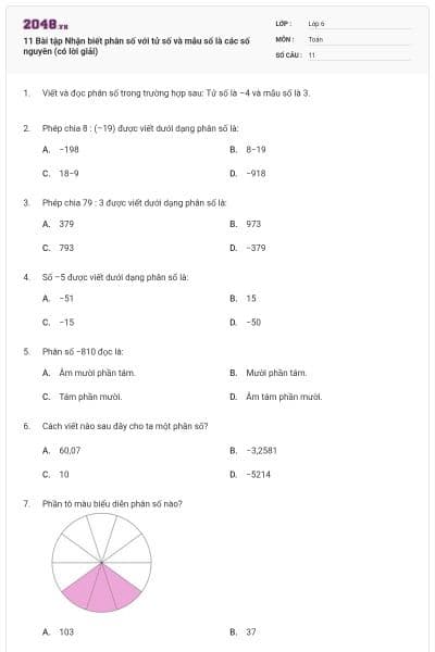 11 Bài tập Nhận biết phân số với tử số và mẫu số là các số nguyên (có lời giải)