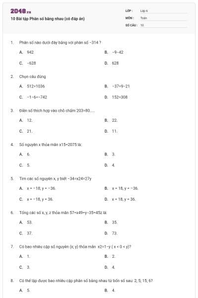 10 Bài tập Phân số bằng nhau (có đáp án)