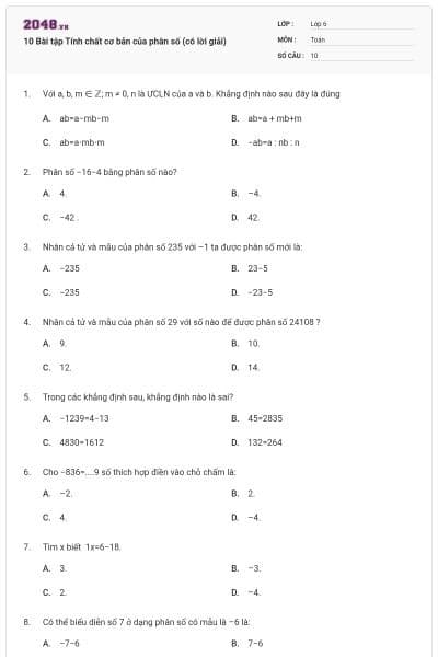 10 Bài tập Tính chất cơ bản của phân số (có lời giải)