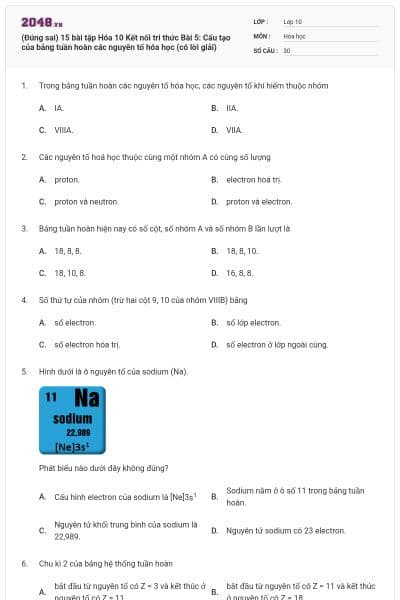 (Đúng sai) 15 bài tập Hóa 10 Kết nối tri thức Bài 5: Cấu tạo của bảng tuần hoàn các nguyên tố hóa học (có lời giải)