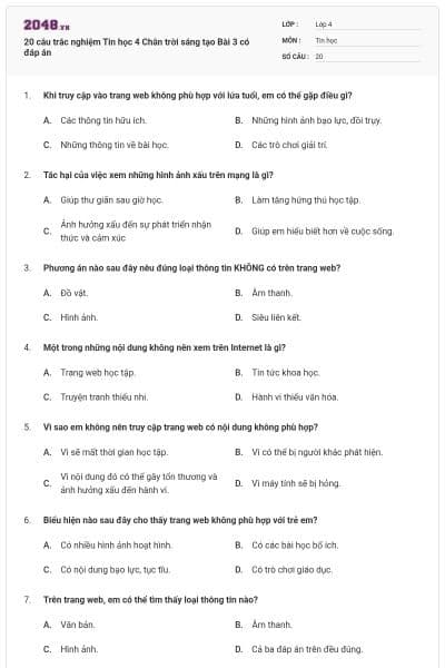 20 câu trắc nghiệm Tin học 4 Chân trời sáng tạo Bài 3 có đáp án