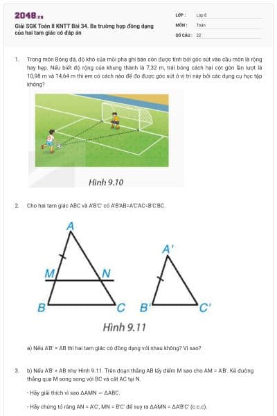 Giải SGK Toán 8 KNTT Bài 34. Ba trường hợp đồng dạng của hai tam giác có đáp án