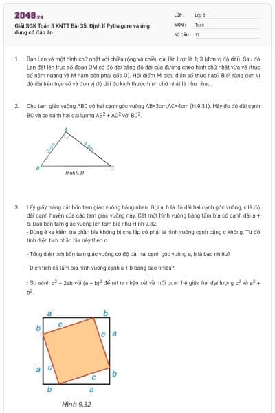Giải SGK Toán 8 KNTT Bài 35. Định lí Pythagore và ứng dụng có đáp án