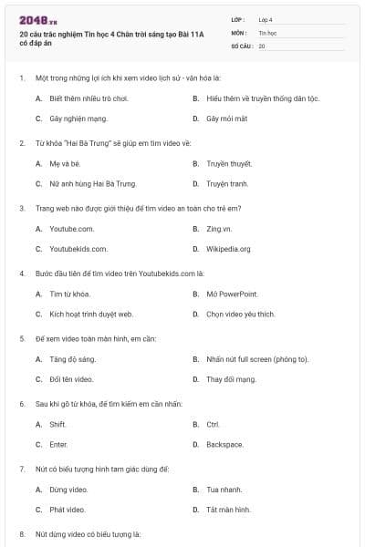 20 câu trắc nghiệm Tin học 4 Chân trời sáng tạo Bài 11A có đáp án