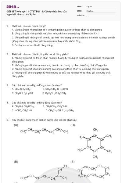 Giải SBT Hóa học 11 CTST Bài 11: Cấu tạo hóa học của hợp chất hữu cơ có đáp án
