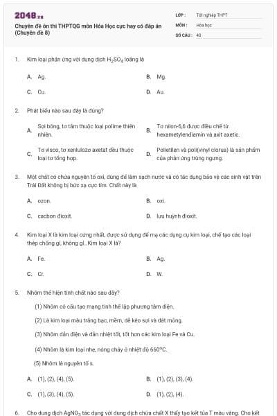 Chuyên đề ôn thi THPTQG môn Hóa Học cực hay có đáp án (Chuyên đề 8)