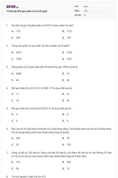 10 Bài tập Rút gọn phân số (có lời giải)