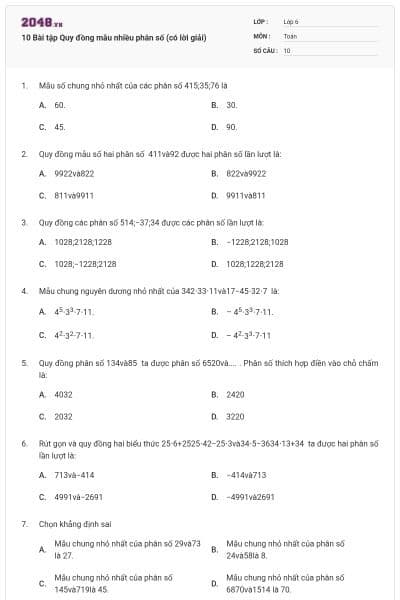 10 Bài tập Quy đồng mẫu nhiều phân số (có lời giải)