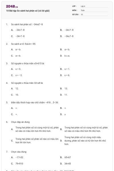 10 Bài tập So sánh hai phân số (có lời giải)