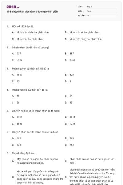 10 Bài tập Nhận biết hỗn số dương (có lời giải)