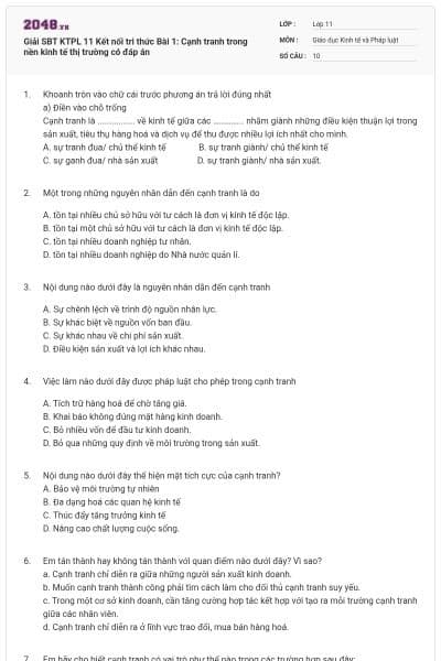 Giải SBT KTPL 11 Kết nối tri thức Bài 1: Cạnh tranh trong nền kinh tế thị trường có đáp án