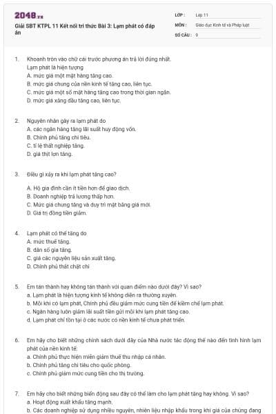 Giải SBT KTPL 11 Kết nối tri thức Bài 3: Lạm phát có đáp án