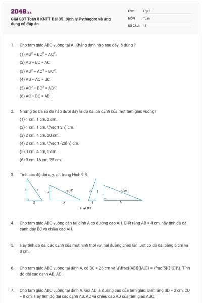 Giải SBT Toán 8 KNTT Bài 35. Định lý Pythagore và ứng dụng có đáp án