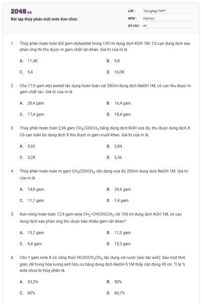 Bài tập thủy phân một este đơn chức