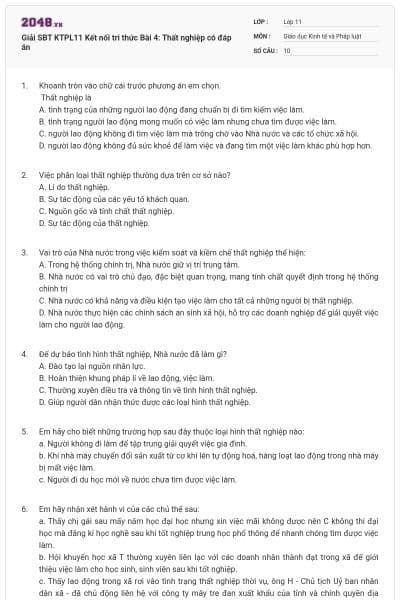 Giải SBT KTPL11 Kết nối tri thức Bài 4: Thất nghiệp có đáp án