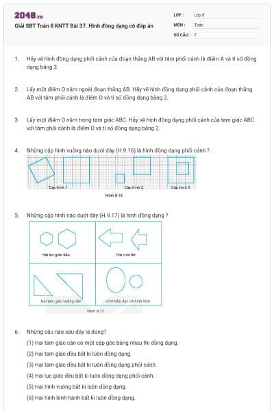 Giải SBT Toán 8 KNTT Bài 37. Hình đồng dạng có đáp án