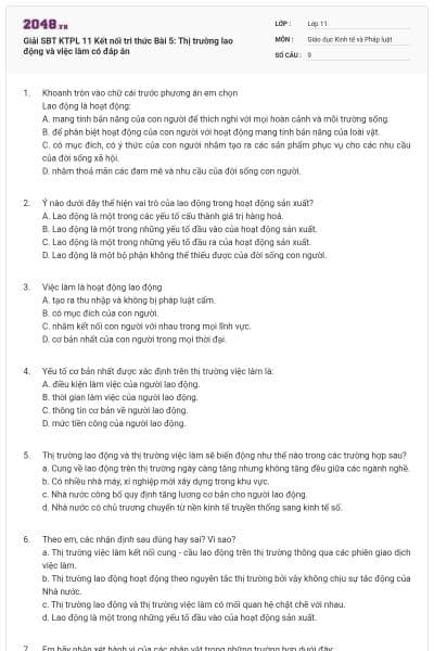 Giải SBT KTPL 11 Kết nối tri thức Bài 5: Thị trường lao động và việc làm có đáp án