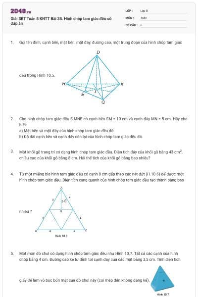 Giải SBT Toán 8 KNTT Bài 38. Hình chóp tam giác đều có đáp án