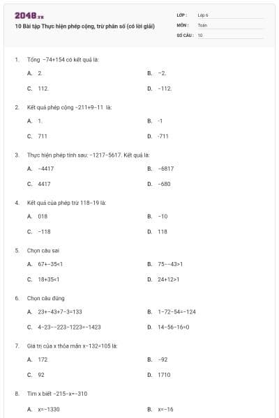 10 Bài tập Thực hiện phép cộng, trừ phân số (có lời giải)