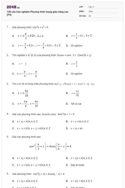 100 câu trắc nghiệm Phương trình lượng giác nâng cao (P4)
