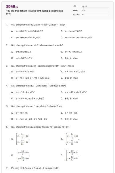 100 câu trắc nghiệm Phương trình lượng giác nâng cao (P5)