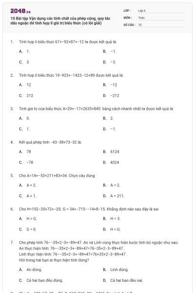 10 Bài tập Vận dụng các tính chất của phép cộng, quy tắc dấu ngoặc để tính hợp lí giá trị biểu thức (có lời giải)