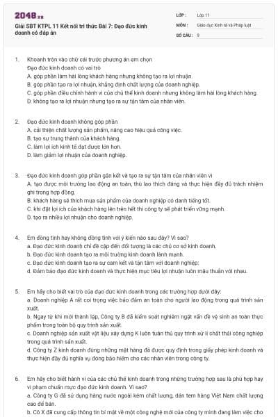 Giải SBT KTPL 11 Kết nối tri thức Bài 7: Đạo đức kinh doanh có đáp án