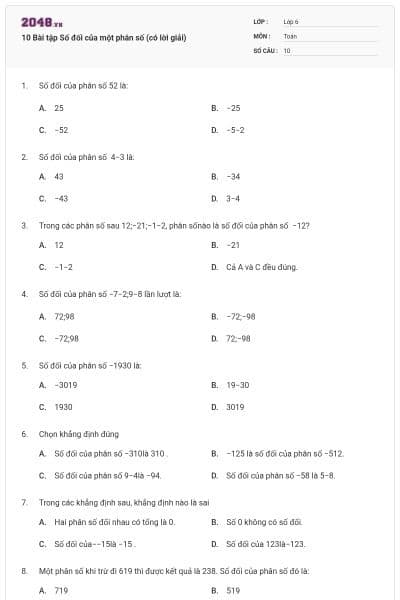10 Bài tập Số đối của một phân số (có lời giải)