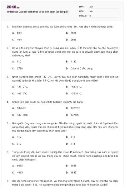 10 Bài tập Các bài toán thực tế có liên quan (có lời giải)