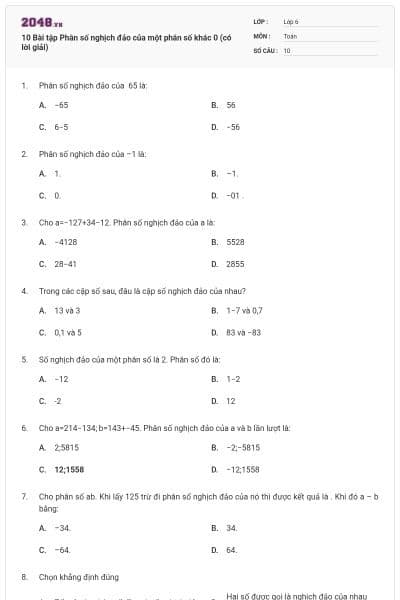 10 Bài tập Phân số nghịch đảo của một phân số khác 0 (có lời giải)