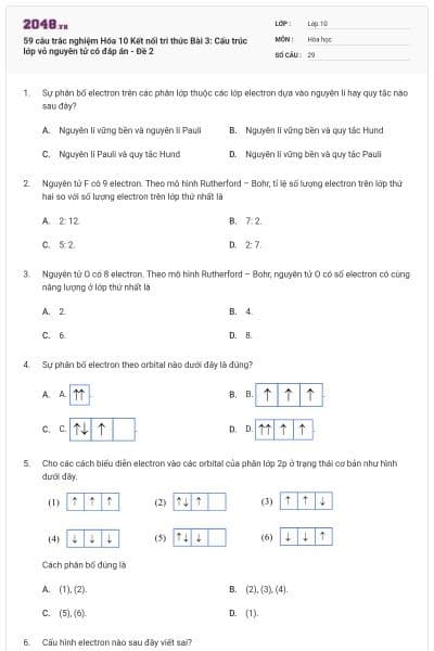 59 câu trắc nghiệm Hóa 10 Kết nối tri thức Bài 3: Cấu trúc lớp vỏ nguyên tử có đáp án - Đề 2