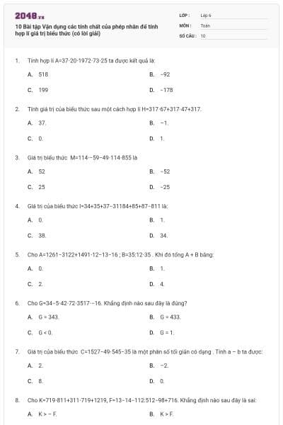 10 Bài tập Vận dụng các tính chất của phép nhân để tính hợp lí giá trị biểu thức (có lời giải)