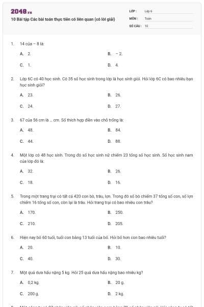 10 Bài tập Các bài toán thực tiễn có liên quan (có lời giải)