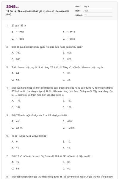 11 Bài tập Tìm một số khi biết giá trị phân số của nó (có lời giải)