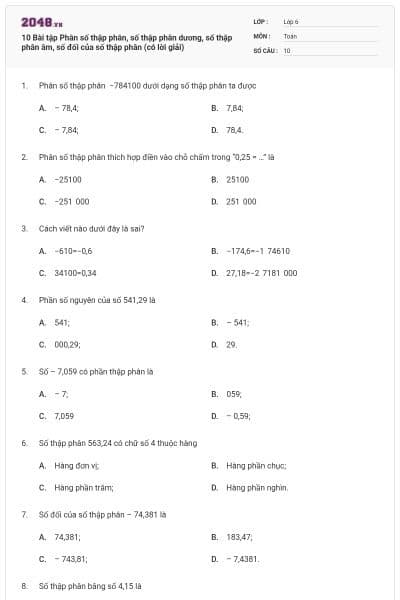 10 Bài tập Phân số thập phân, số thập phân dương, số thập phân âm, số đối của số thập phân (có lời giải)