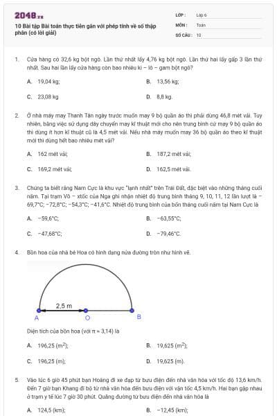 10 Bài tập Bài toán thực tiễn gắn với phép tính về số thập phân (có lời giải)