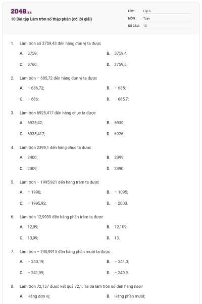 10 Bài tập Làm tròn số thập phân (có lời giải)