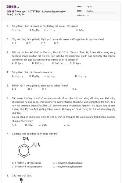 Giải SBT Hóa học 11 CTST Bài 14: Arene (hydrocarbon thơm) có đáp án