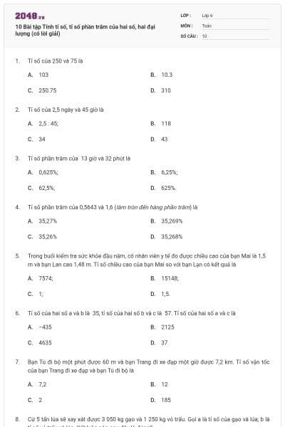 10 Bài tập Tính tỉ số, tỉ số phần trăm của hai số, hai đại lượng (có lời giải)