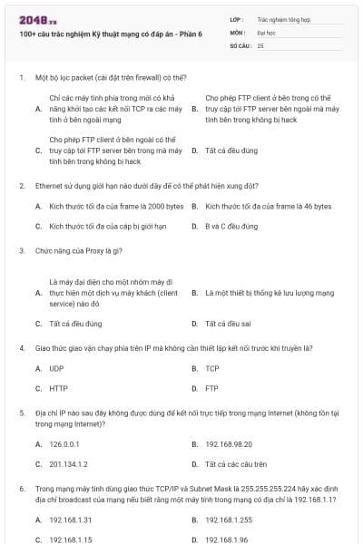 100+ câu trắc nghiệm Kỹ thuật mạng có đáp án - Phần 6
