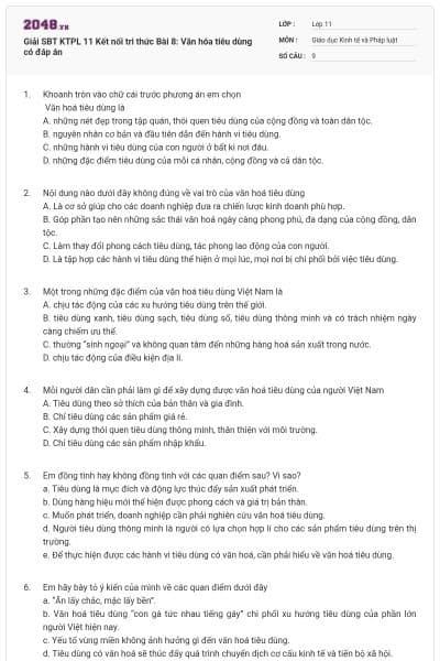 Giải SBT KTPL 11 Kết nối tri thức Bài 8: Văn hóa tiêu dùng có đáp án