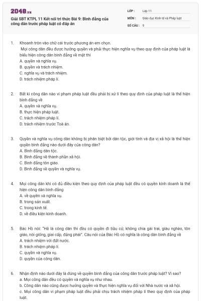 Giải SBT KTPL 11 Kết nối tri thức Bài 9: Bình đẳng của công dân trước pháp luật có đáp án