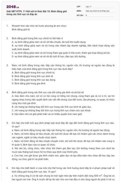 Giải SBT KTPL 11 Kết nối tri thức Bài 10: Bình đẳng giới trong các lĩnh vực có đáp án