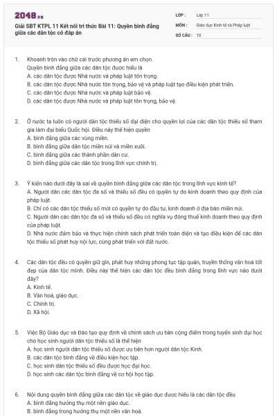 Giải SBT KTPL 11 Kết nối tri thức Bài 11: Quyền bình đẳng giữa các dân tộc có đáp án