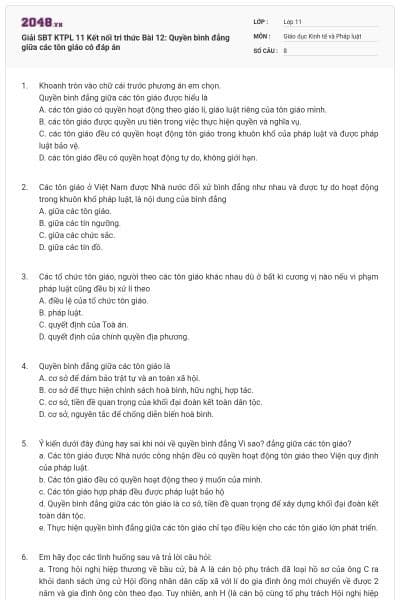 Giải SBT KTPL 11 Kết nối tri thức Bài 12: Quyền bình đẳng giữa các tôn giáo có đáp án